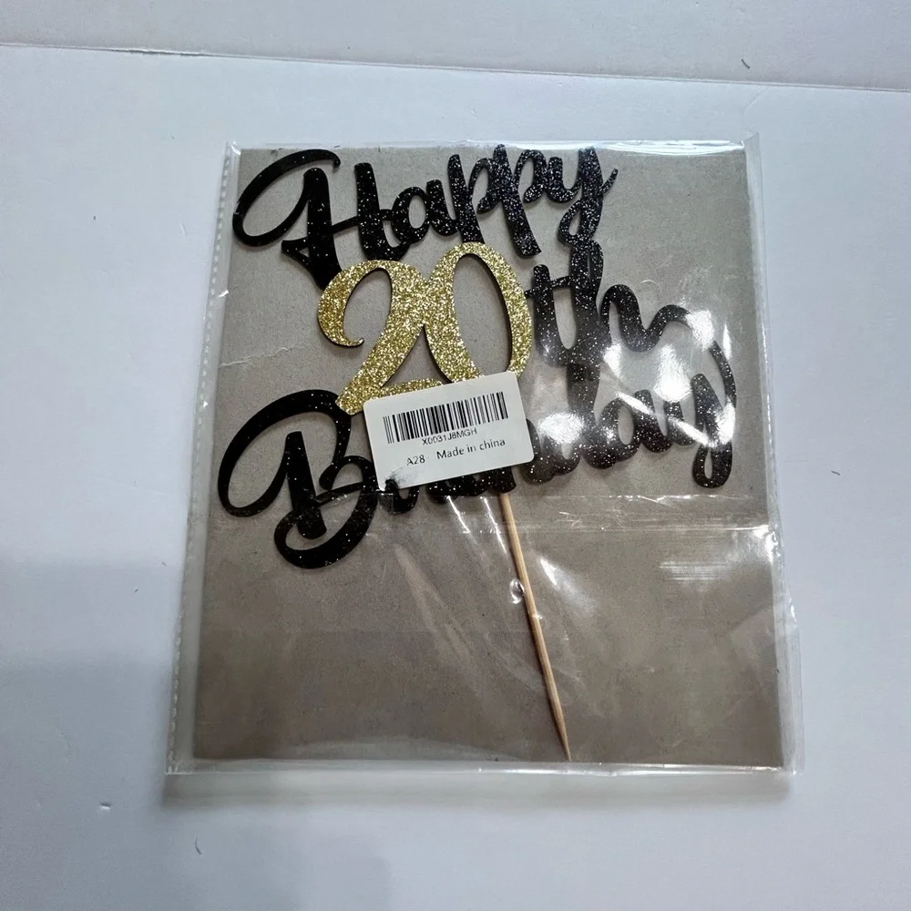 Klionjor 1 PC Happy 20th Birthday Cake Topper Black Gold Glitter Cheers to 20 Yr